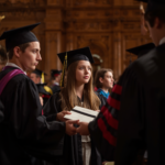 Girl receiving her certificate from two professors in a university environment, academic ceremony, graduation setting, formal university hall, professional photography (1)