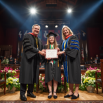 Girl receiving her certificate from two professors in a university environment, academic ceremony, graduation setting, formal university hall, professional photography