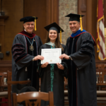 Girl receiving her certificate from two professors in a university environment, academic ceremony, graduation setting, formal university hall, professional photography (2)