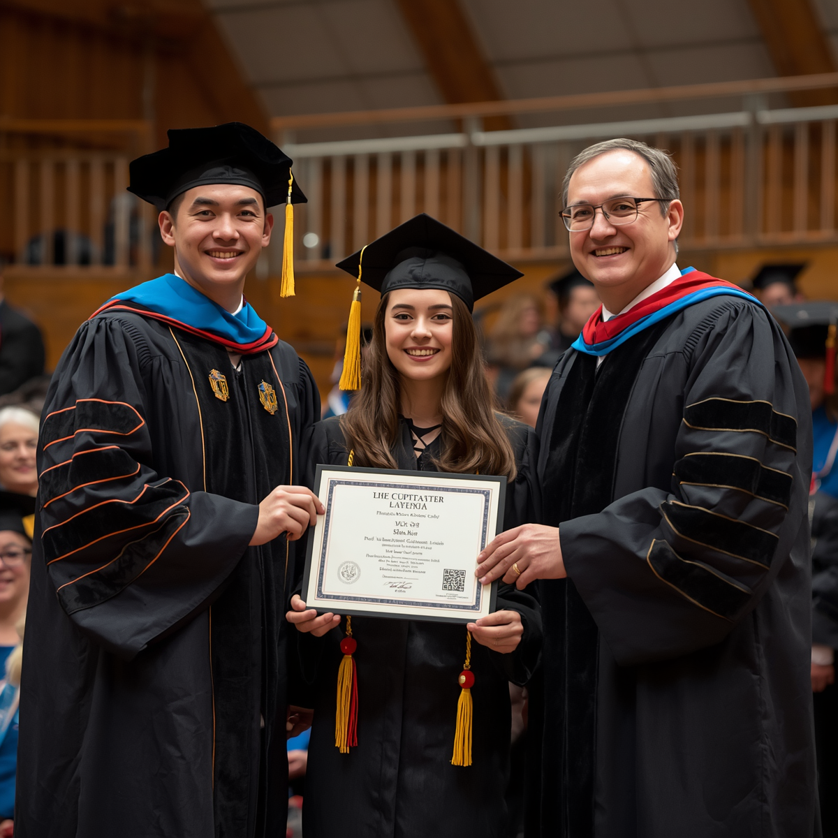 Girl receiving her certificate from two professors in a university environment, academic ceremony, graduation setting, formal university hall, professional photography (3)