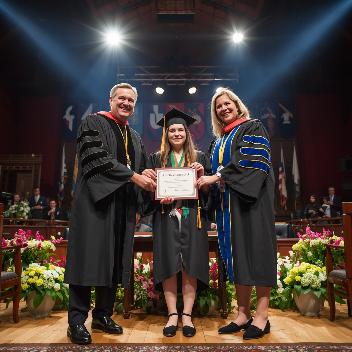 Girl receiving her certificate from two professors in a university environment, academic ceremony, graduation setting, formal university hall, professional photography